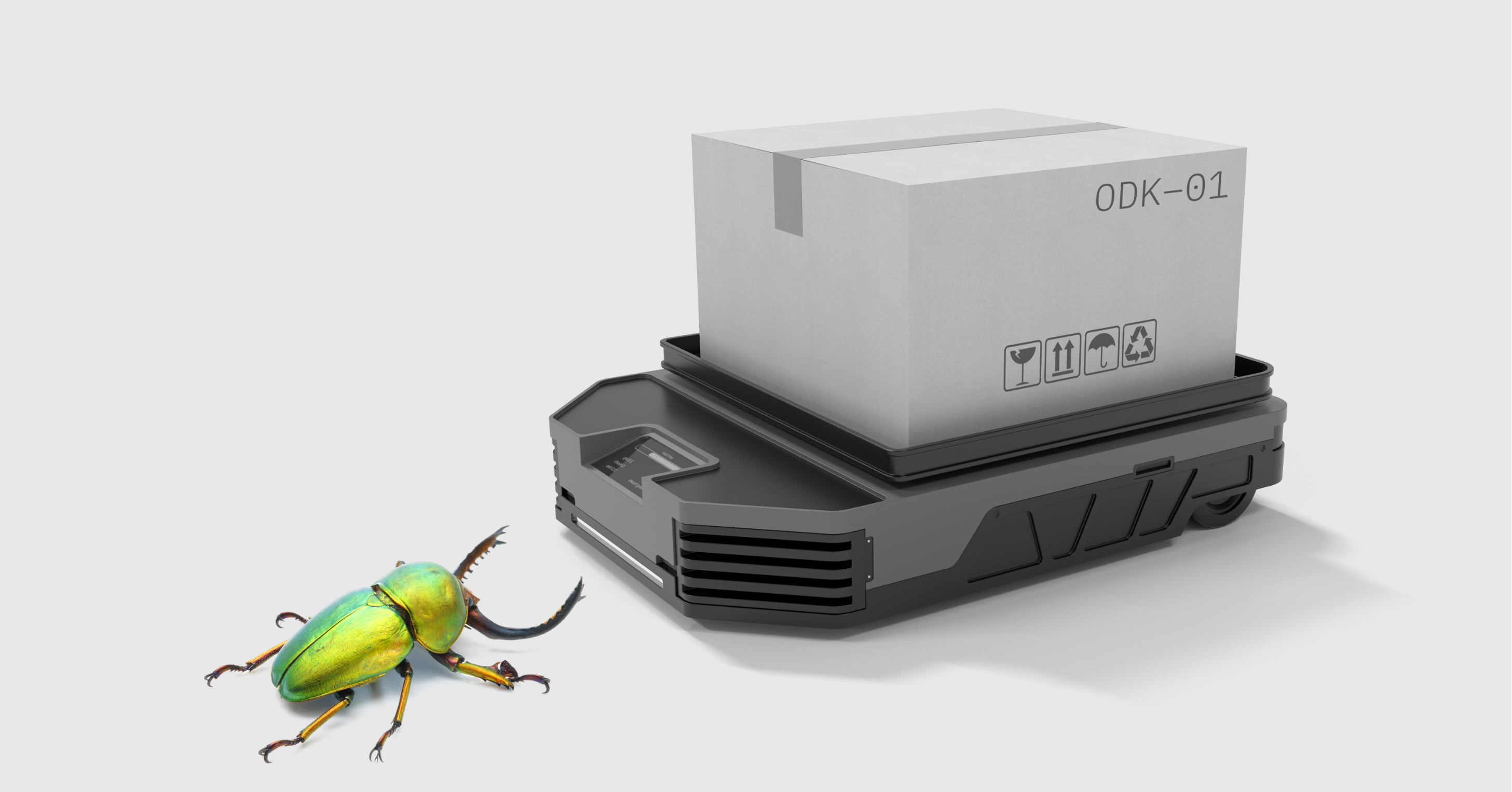 Green beetle next to mobile robot